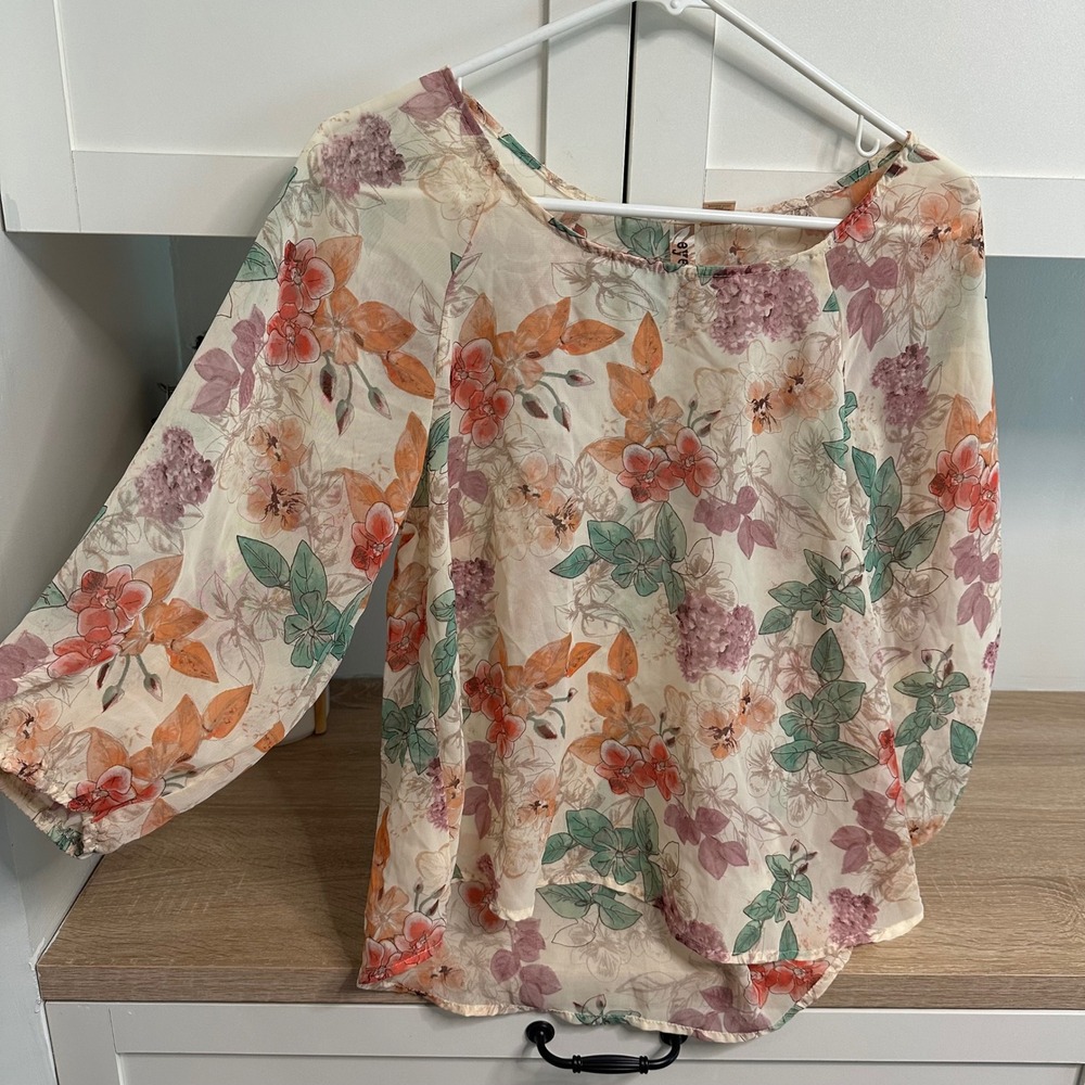 Boho Floral Peasant Blouse Womens M 3/4 Sleeve Sheer High Low Chiffon Cottage